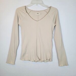 Pact Womens Cotton Ribbed V-Neck Top Lettuce Trim Size Large Beige Sustainable